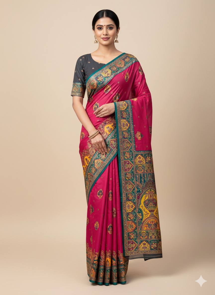 Royal icultural Silk Saree with Intricate Traditional Print & icultural Green Border