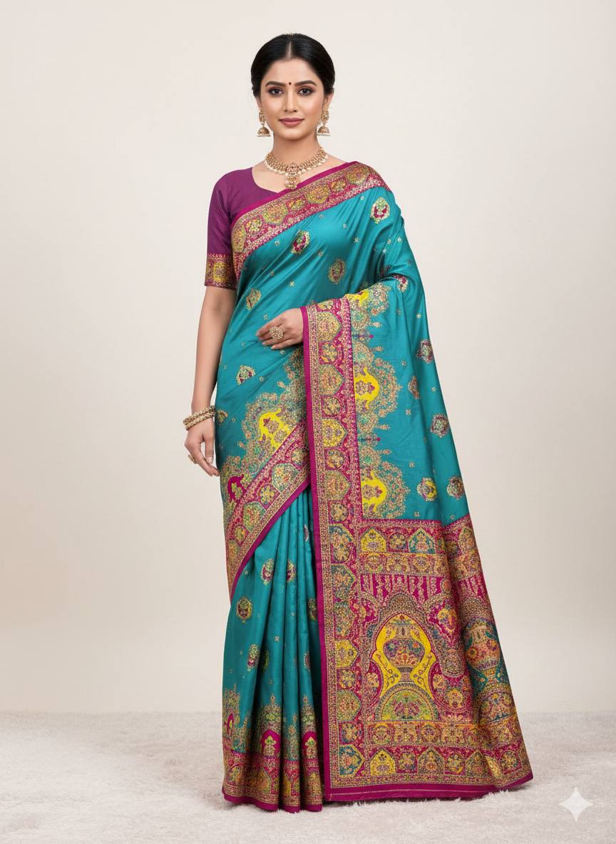 Elegant icultural Blue Silk Saree with Intricate Traditional Print & Rich icultural Border