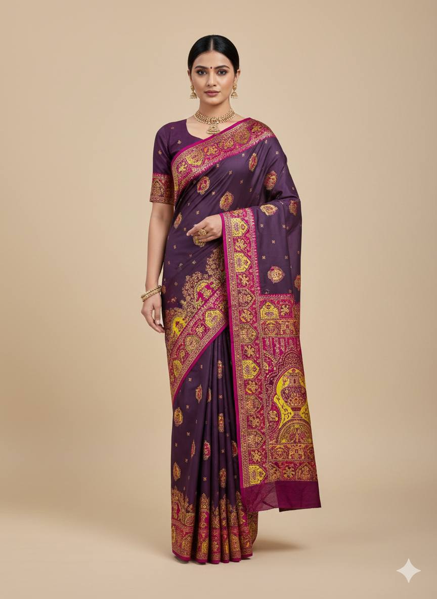 Royal Wine Purple Silk Saree with Intricate Traditional Print & Rich icultural Border