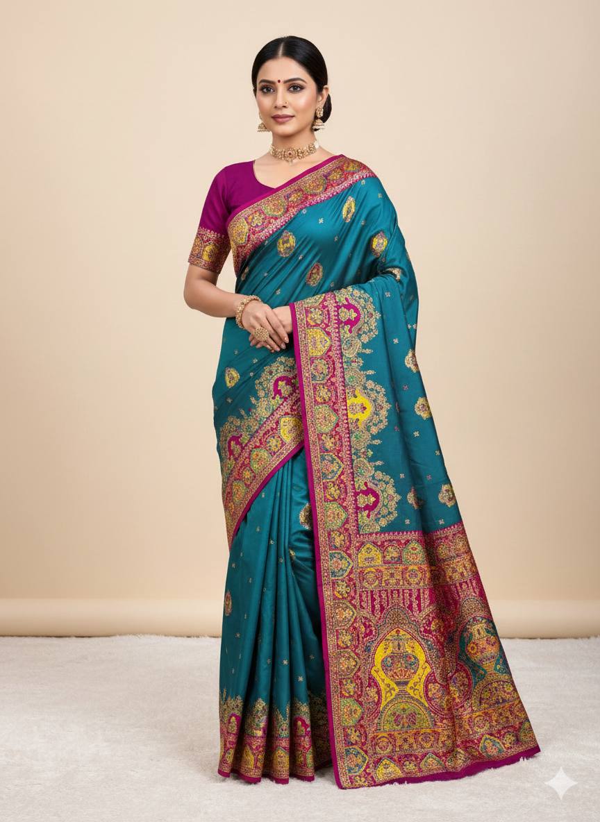 Royal Peacock Blue Silk Saree with Intricate Traditional Print & Rich icultural Border