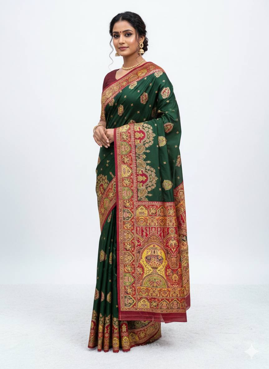Classic Bottle Green Silk Saree with Intricate Traditional Print & Rich Red Border
