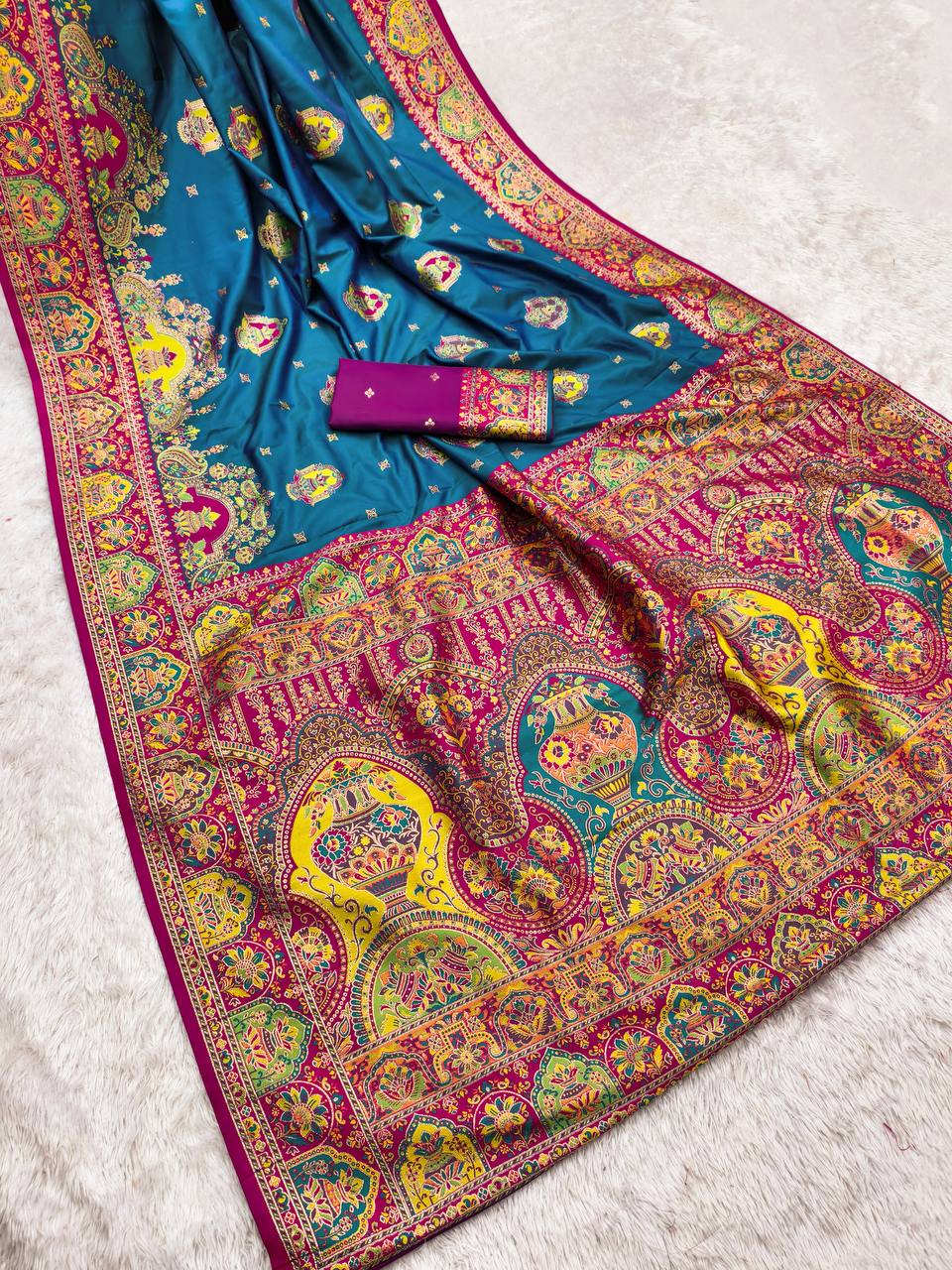 Royal Peacock Blue Silk Saree with Intricate Traditional Print & Rich icultural Border