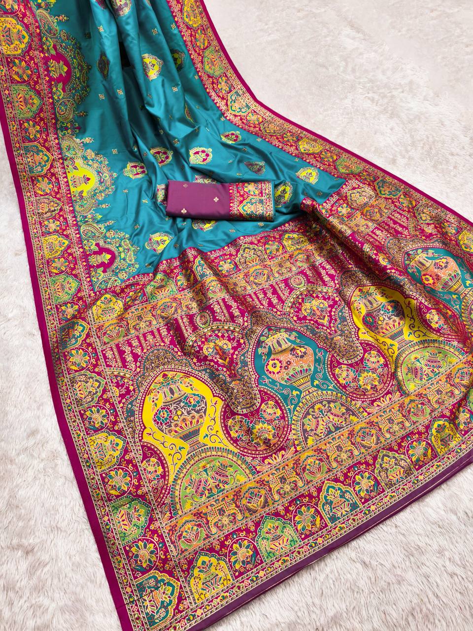 Elegant icultural Blue Silk Saree with Intricate Traditional Print & Rich icultural Border
