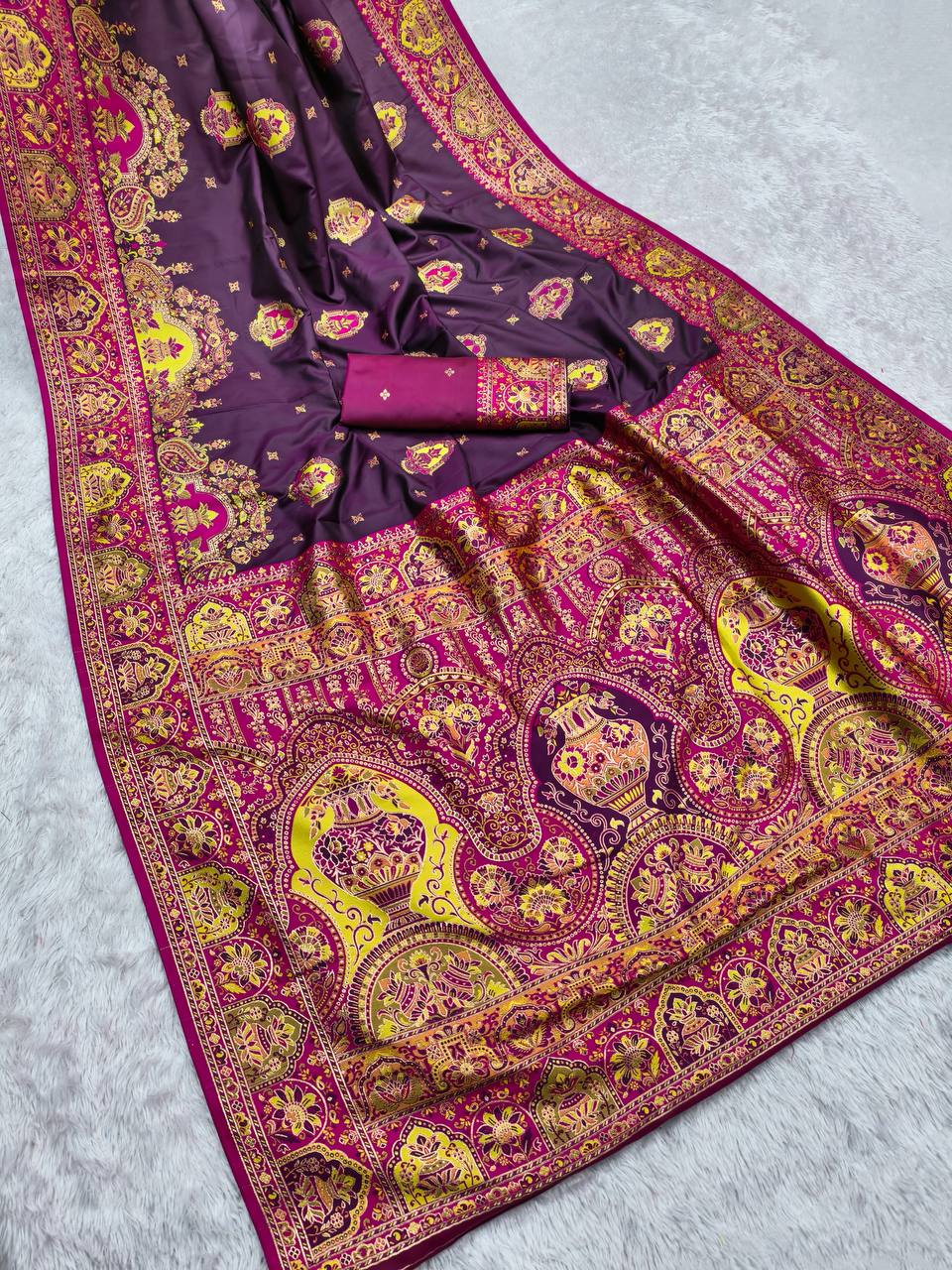 Royal Wine Purple Silk Saree with Intricate Traditional Print & Rich icultural Border