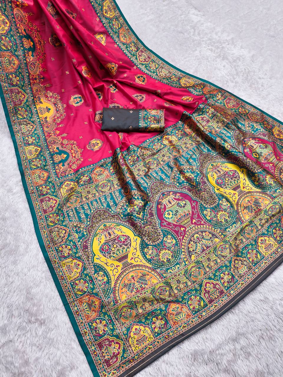 Royal icultural Silk Saree with Intricate Traditional Print & icultural Green Border