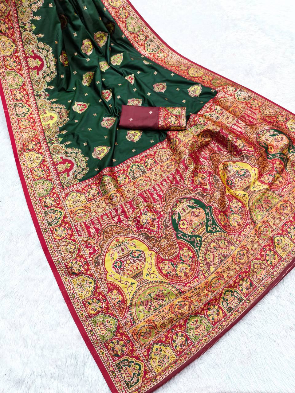Classic Bottle Green Silk Saree with Intricate Traditional Print & Rich Red Border