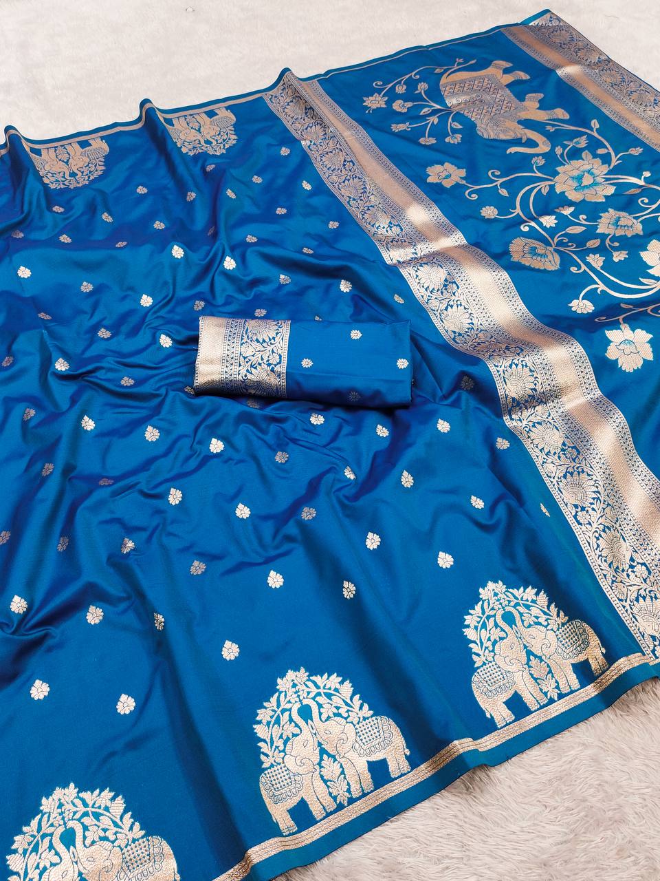 Elegant Royal Blue Silk Saree with Gold Zari Elephant Motifs & Ornate Border