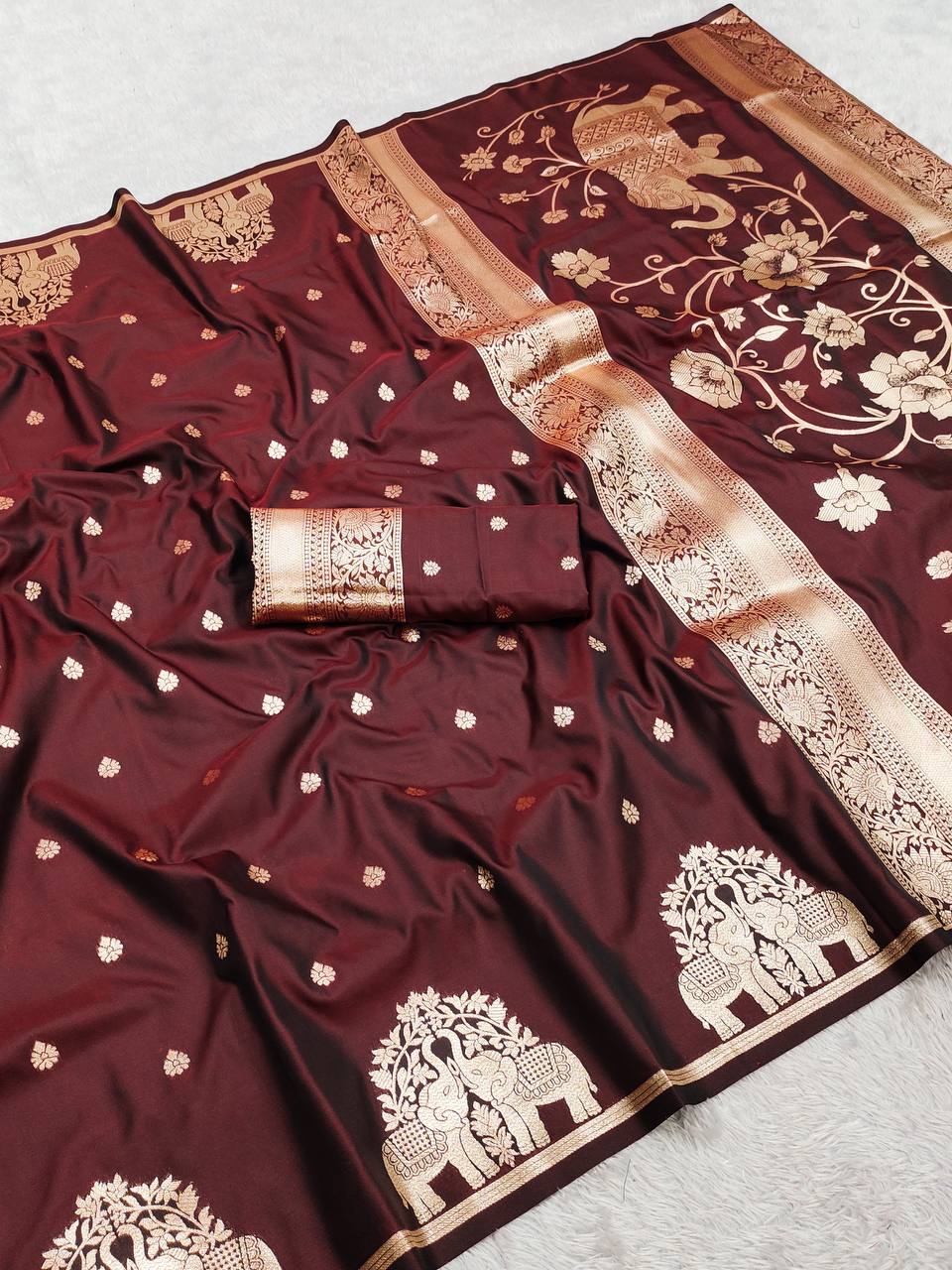 Royal icultural Silk Saree with Gold Zari Elephant Motifs & Ornate Border