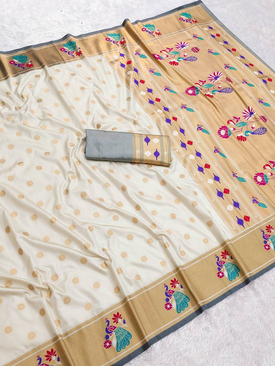 Elegant icultural White Silk Saree with Gold Butti Weave & Multicolor Peacock Pallu