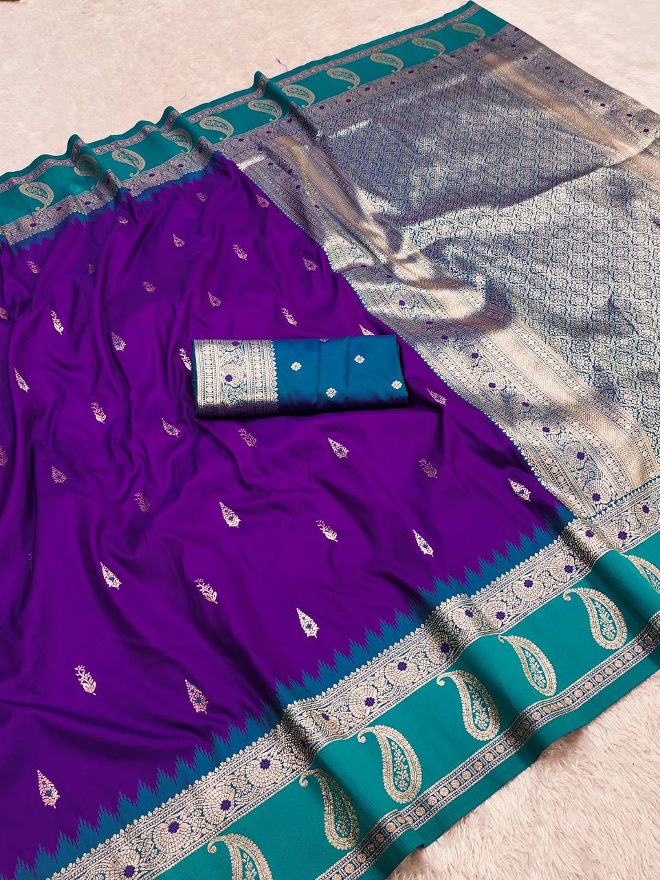 Royal Purple Silk Saree with icultural Green Paisley Border & Silver Zari Pallu