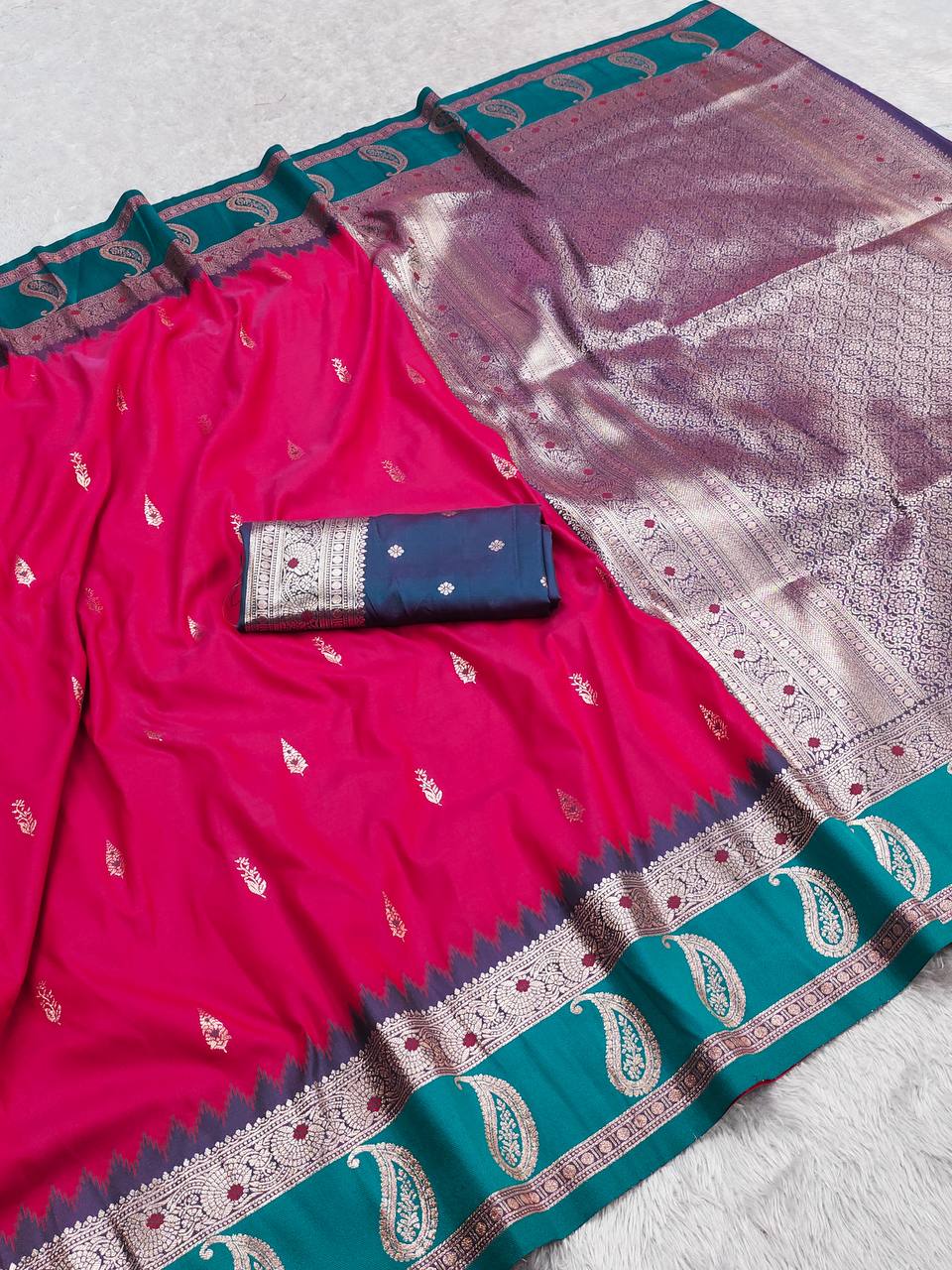 Rani Pink Banarasi Silk Saree with icultural Border and Silver Zari Pallu