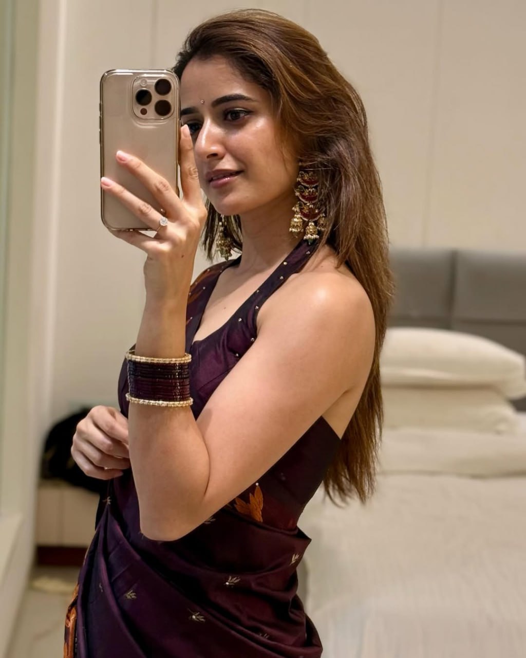 Elegant Wine Purple Satin Silk Saree with Minimal Motif Work and Modern Blouse Look