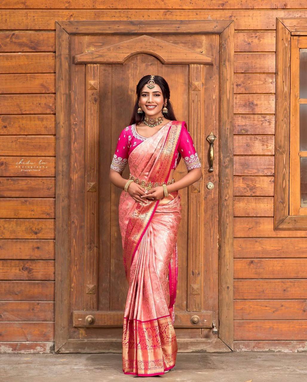 Royal Peach & Rani Pink Silk Blend Saree with Rich Zari Border