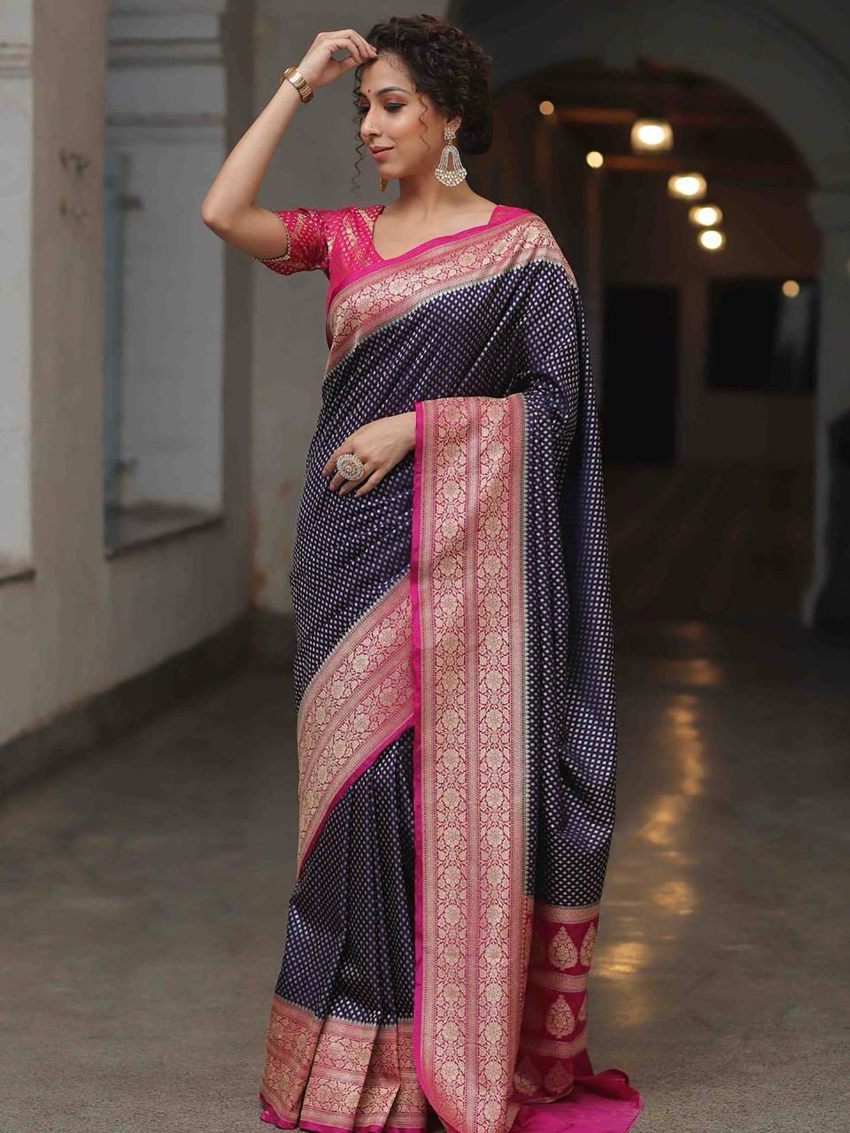 Navy Blue Silk Saree with Rani Pink Floral Zari Border