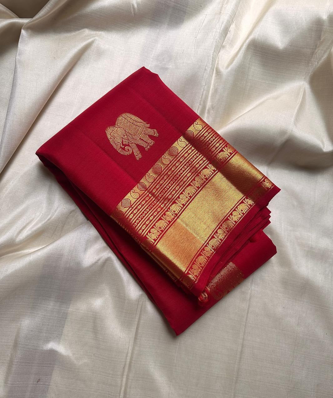 Classic Red Banarasi Silk Saree with Gold Zari Elephant Motif & Grand Traditional Border
