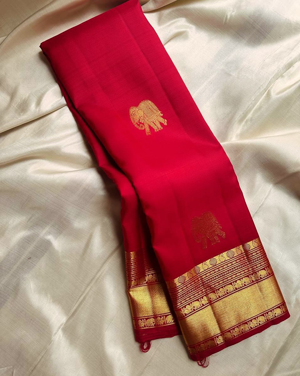 Classic Red Banarasi Silk Saree with Gold Zari Elephant Motif & Grand Traditional Border