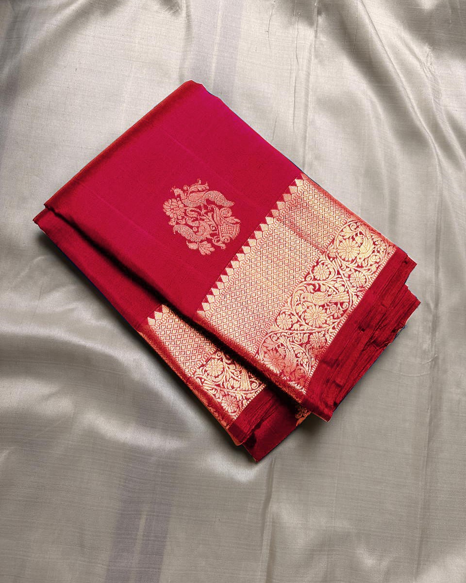 Classic Red Banarasi Silk Saree with Gold Zari Floral Motif & Elegant Traditional Border
