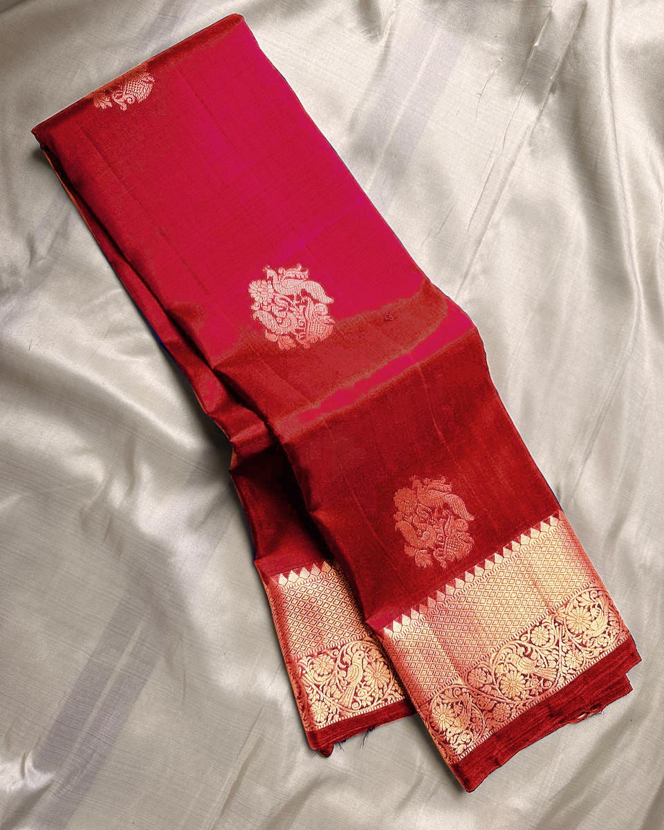 Classic Red Banarasi Silk Saree with Gold Zari Floral Motif & Elegant Traditional Border