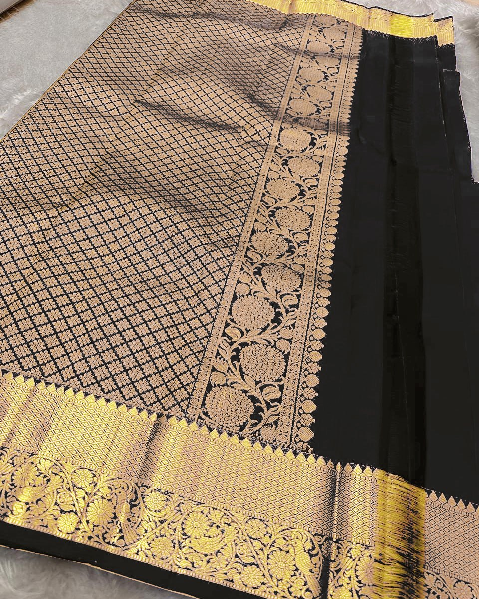 Classic Black Banarasi Silk Saree with Gold Zari Floral Motif & Elegant Traditional Border