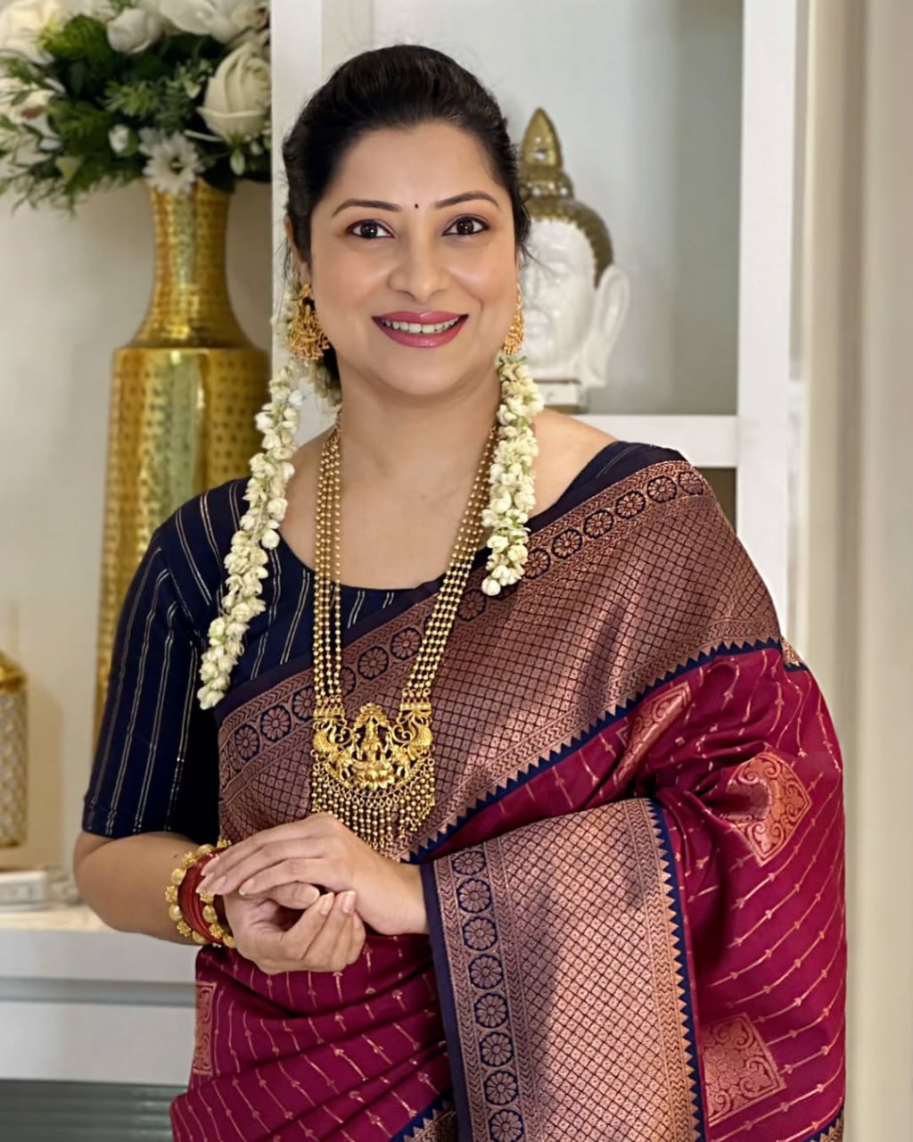 Wine icultural Banarasi Silk Saree with icultural Gold Zari Border & Striped Weave