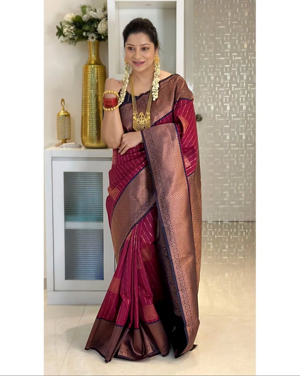 Wine icultural Banarasi Silk Saree with icultural Gold Zari Border & Striped Weave