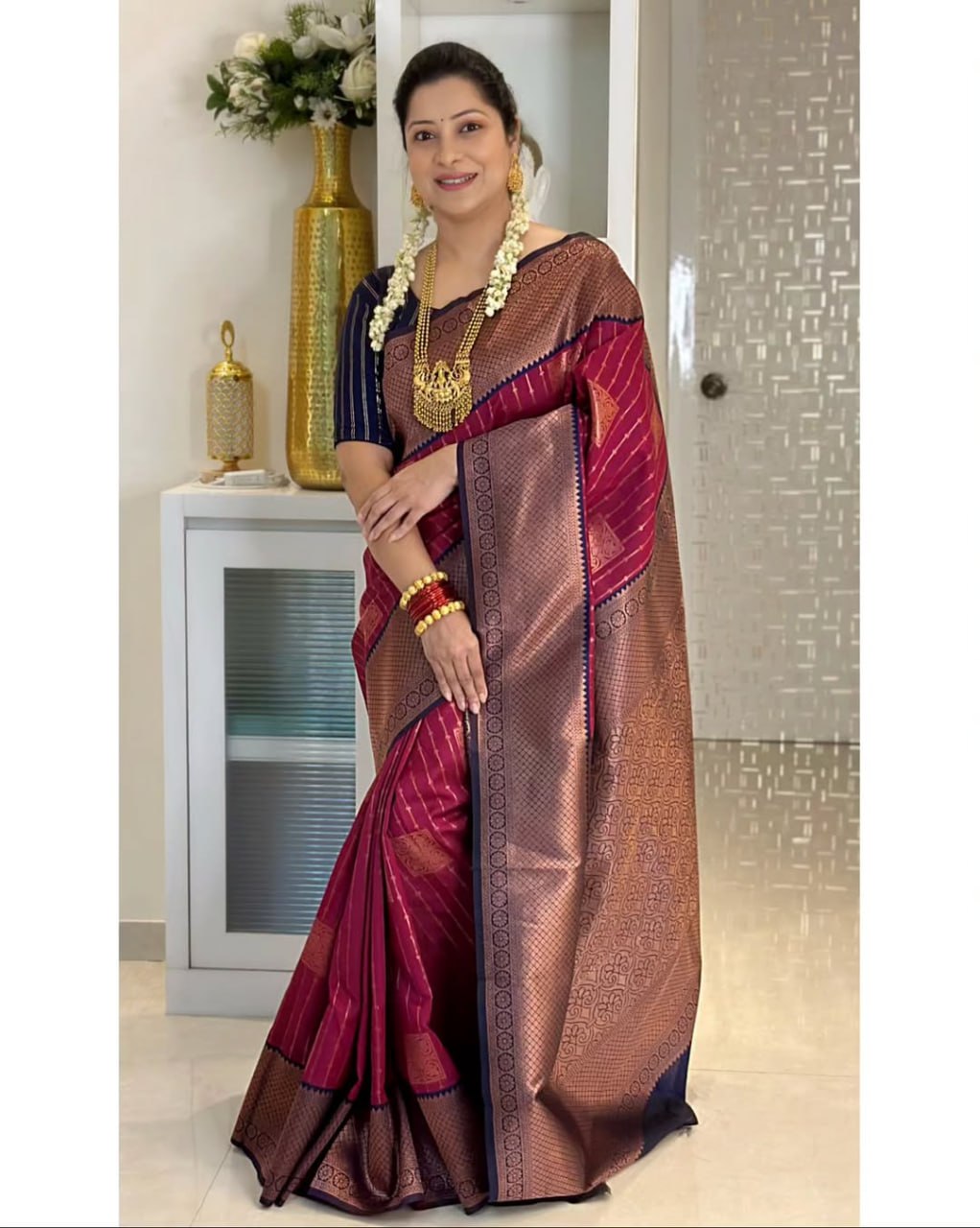 Wine icultural Banarasi Silk Saree with icultural Gold Zari Border & Striped Weave