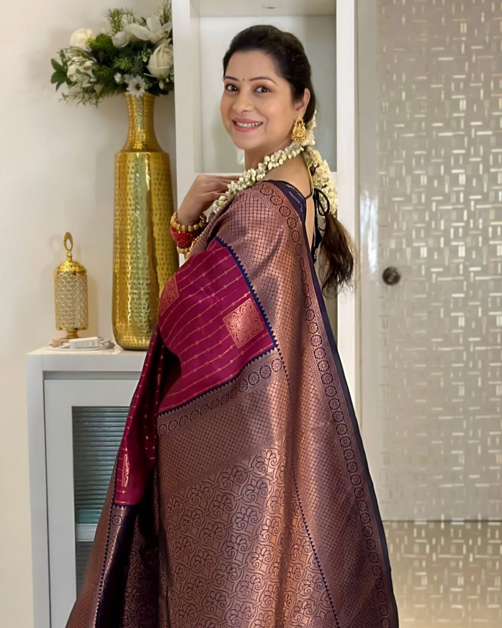 Wine icultural Banarasi Silk Saree with icultural Gold Zari Border & Striped Weave
