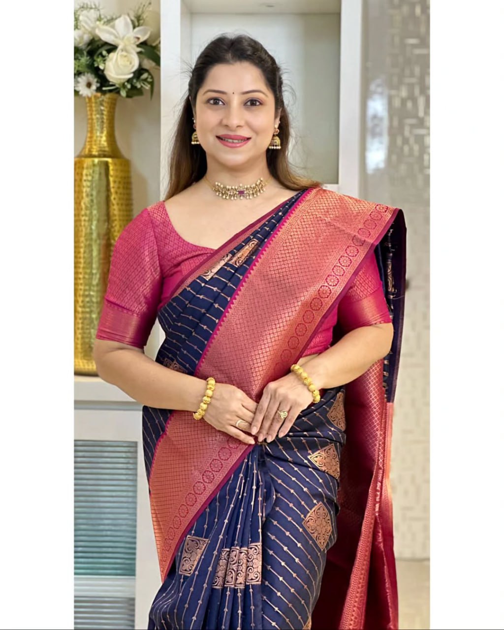 Navy Blue & Wine Banarasi Silk Saree with icultural Gold Zari Border