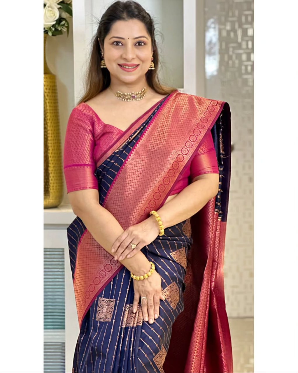 Navy Blue & Wine Banarasi Silk Saree with icultural Gold Zari Border