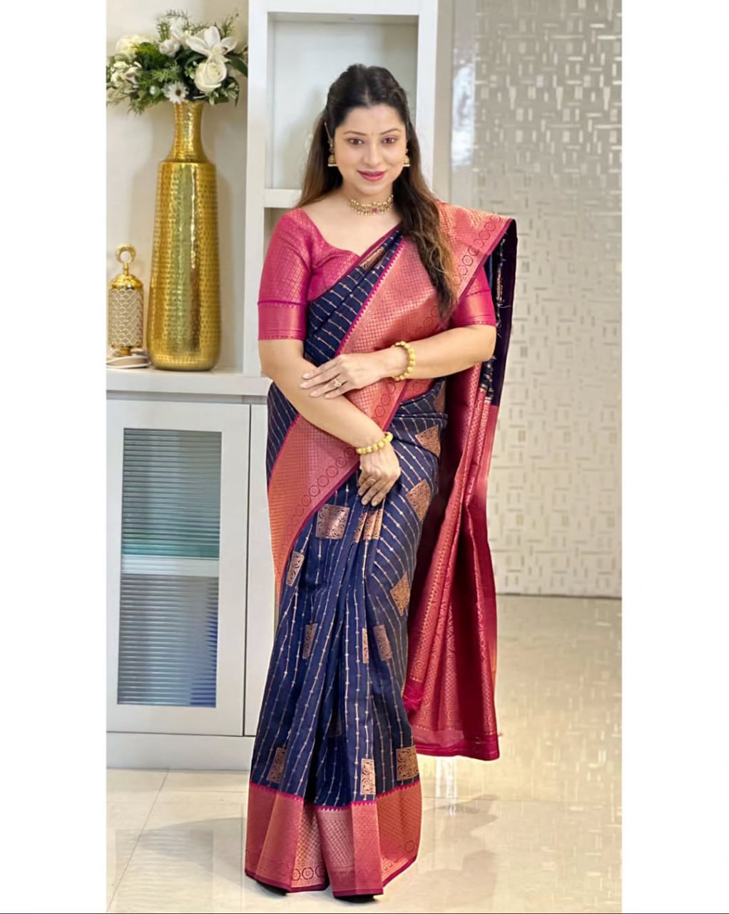 Navy Blue & Wine Banarasi Silk Saree with icultural Gold Zari Border