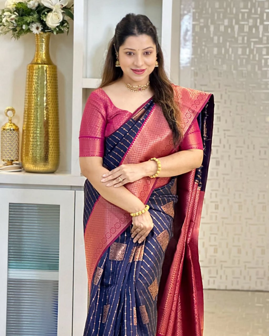 Navy Blue & Wine Banarasi Silk Saree with icultural Gold Zari Border