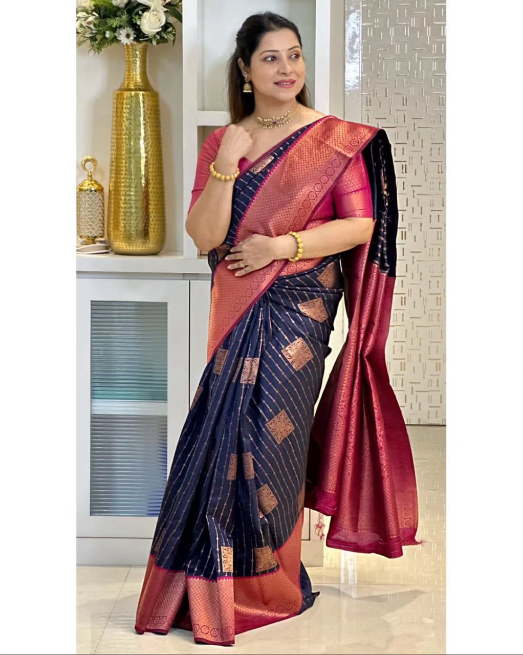 Navy Blue & Wine Banarasi Silk Saree with icultural Gold Zari Border