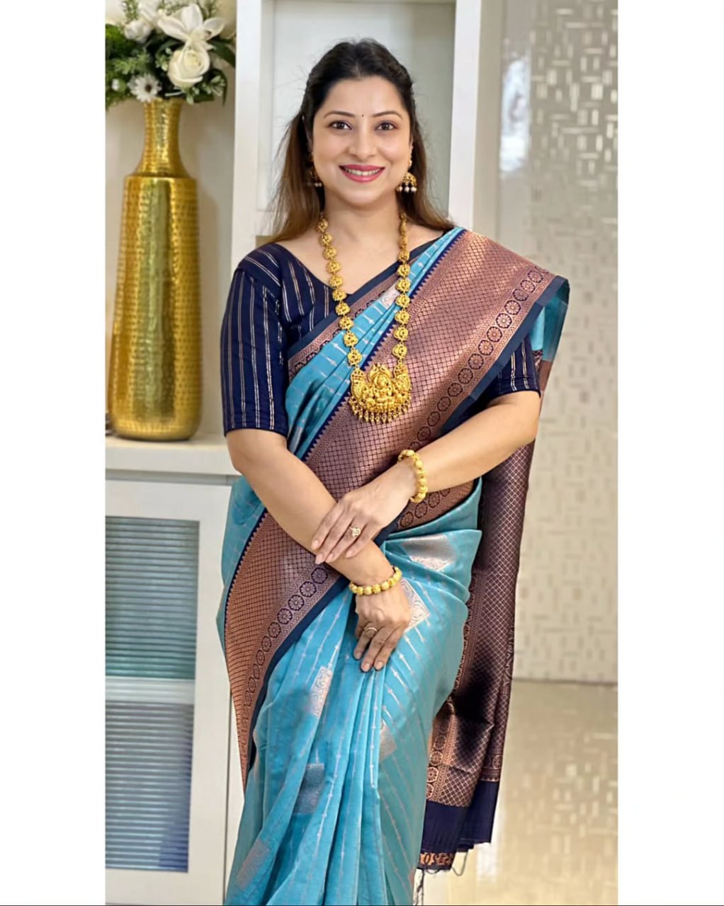 icultural Blue & Navy Banarasi Silk Saree with icultural Gold Zari Border