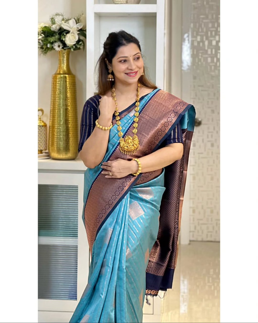 icultural Blue & Navy Banarasi Silk Saree with icultural Gold Zari Border