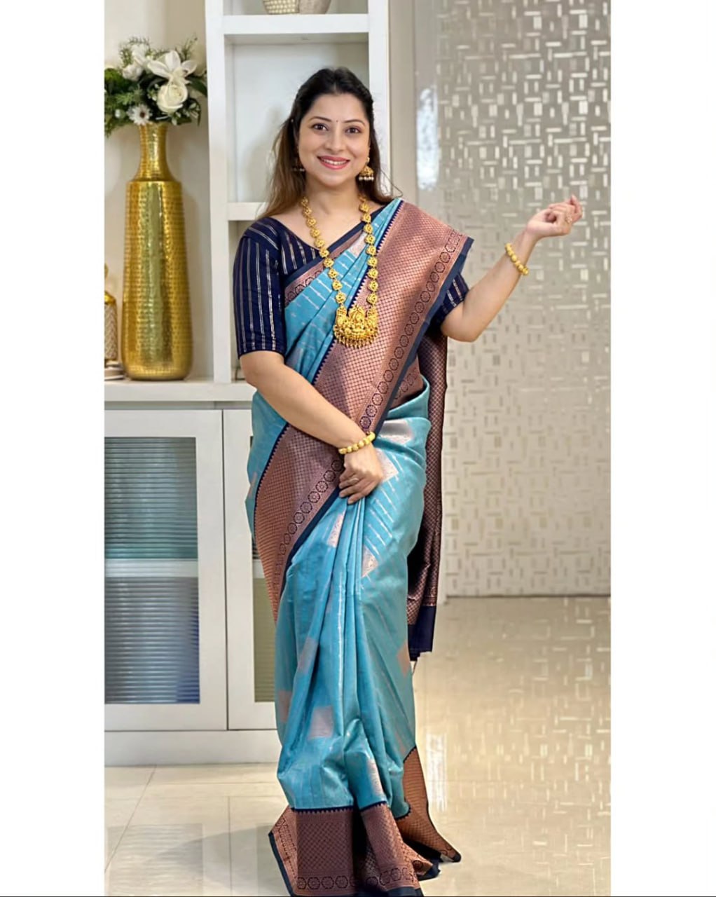 icultural Blue & Navy Banarasi Silk Saree with icultural Gold Zari Border