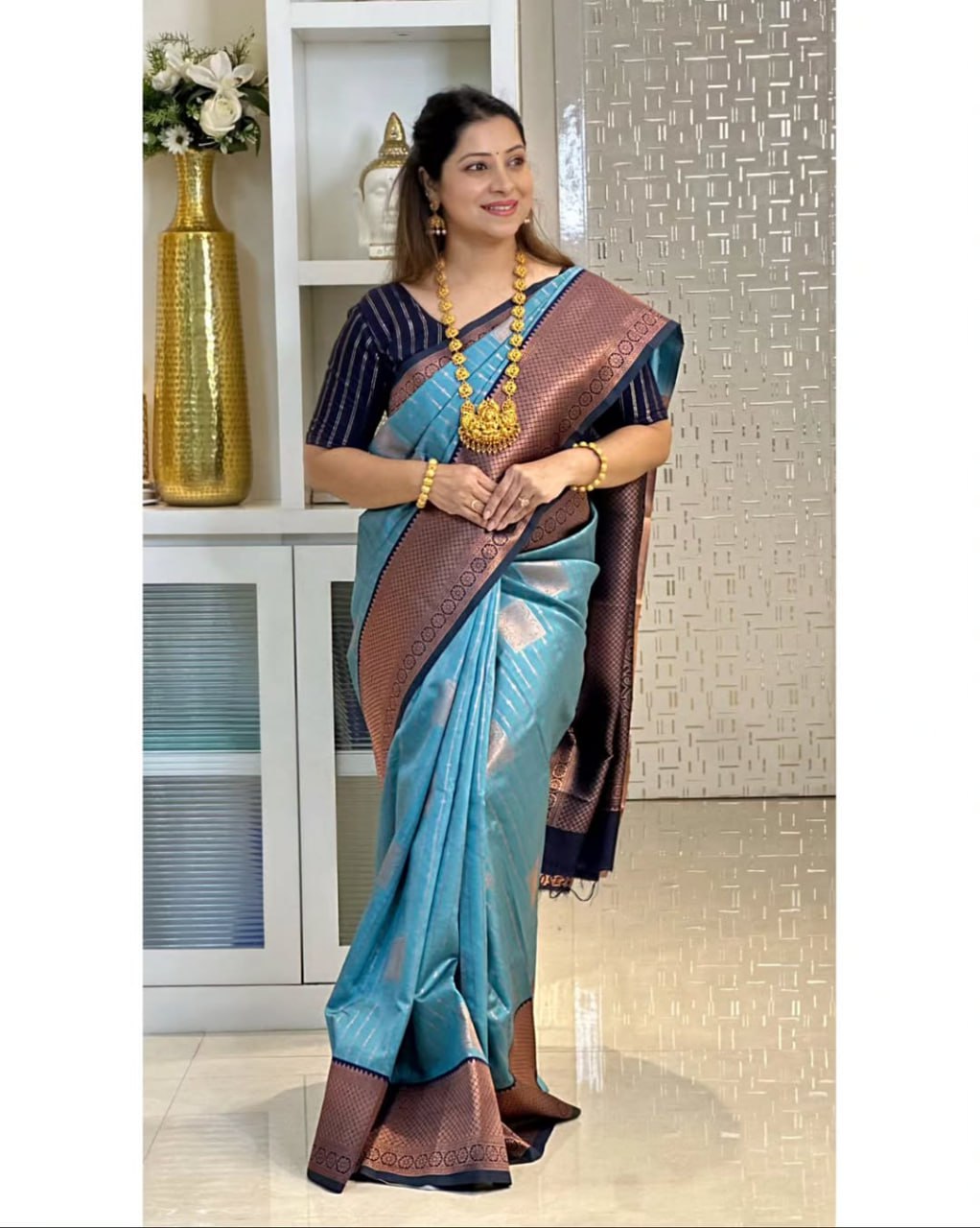 icultural Blue & Navy Banarasi Silk Saree with icultural Gold Zari Border
