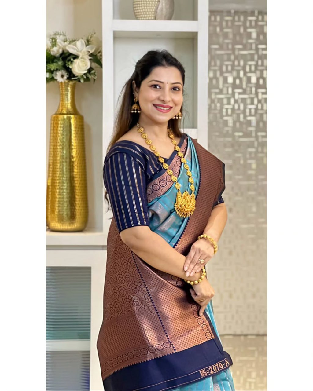 icultural Blue & Navy Banarasi Silk Saree with icultural Gold Zari Border