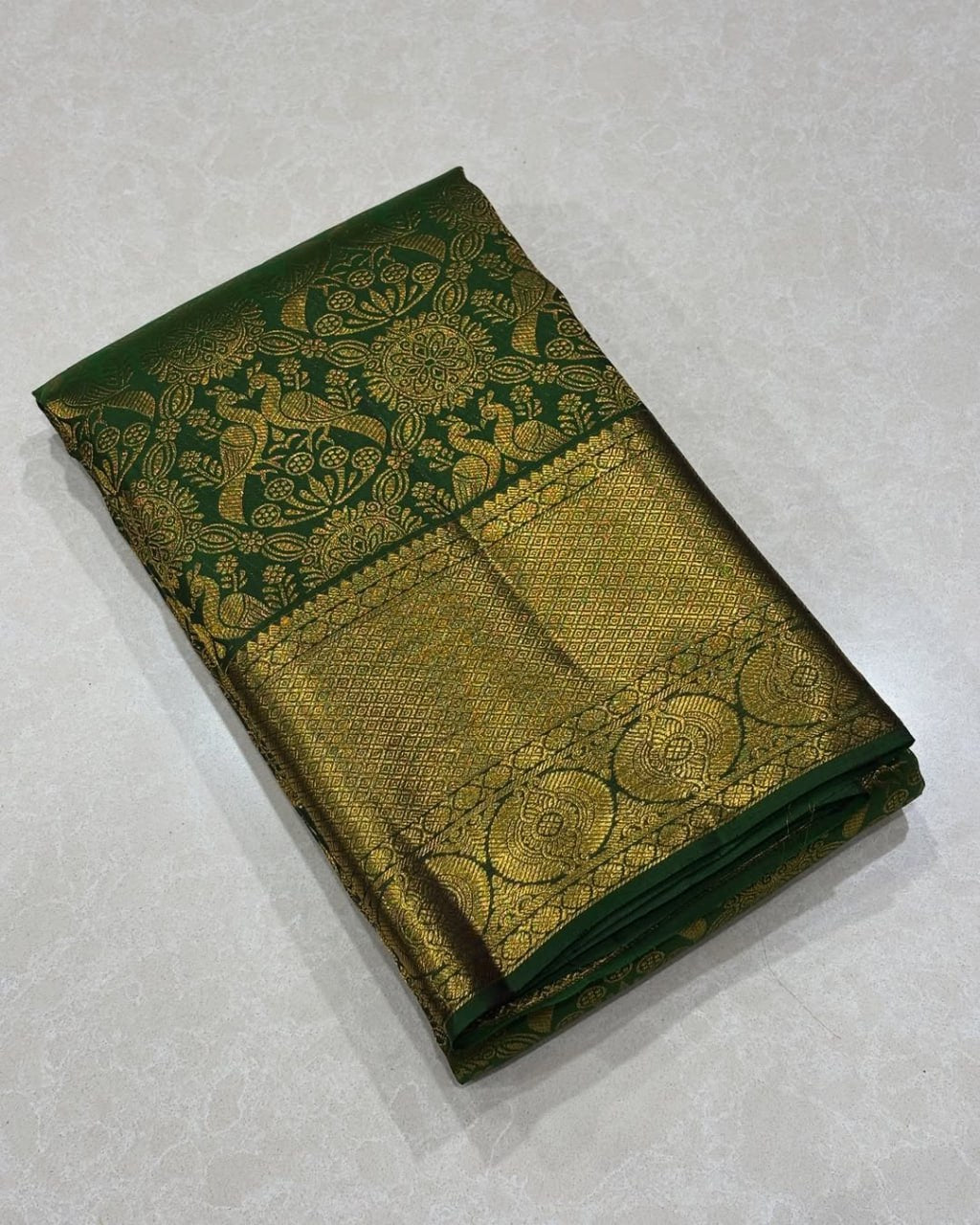 Bottle Green Banarasi Silk Saree with Rich Gold Zari Floral Weaving