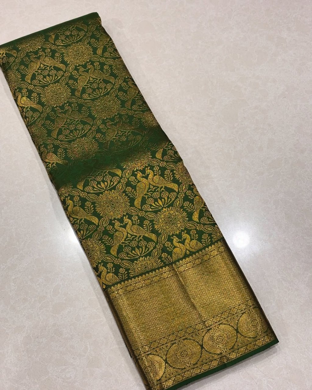 Bottle Green Banarasi Silk Saree with Rich Gold Zari Floral Weaving
