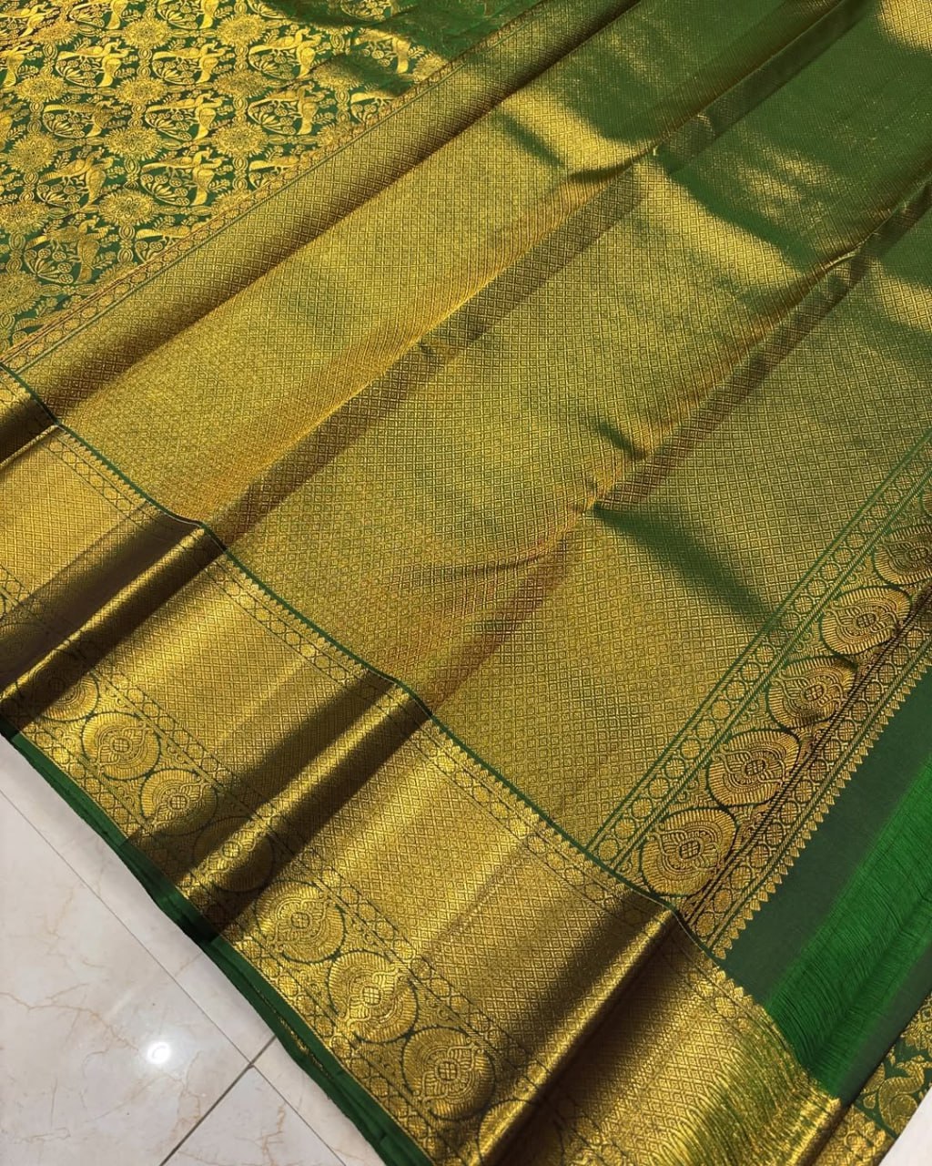 Bottle Green Banarasi Silk Saree with Rich Gold Zari Floral Weaving