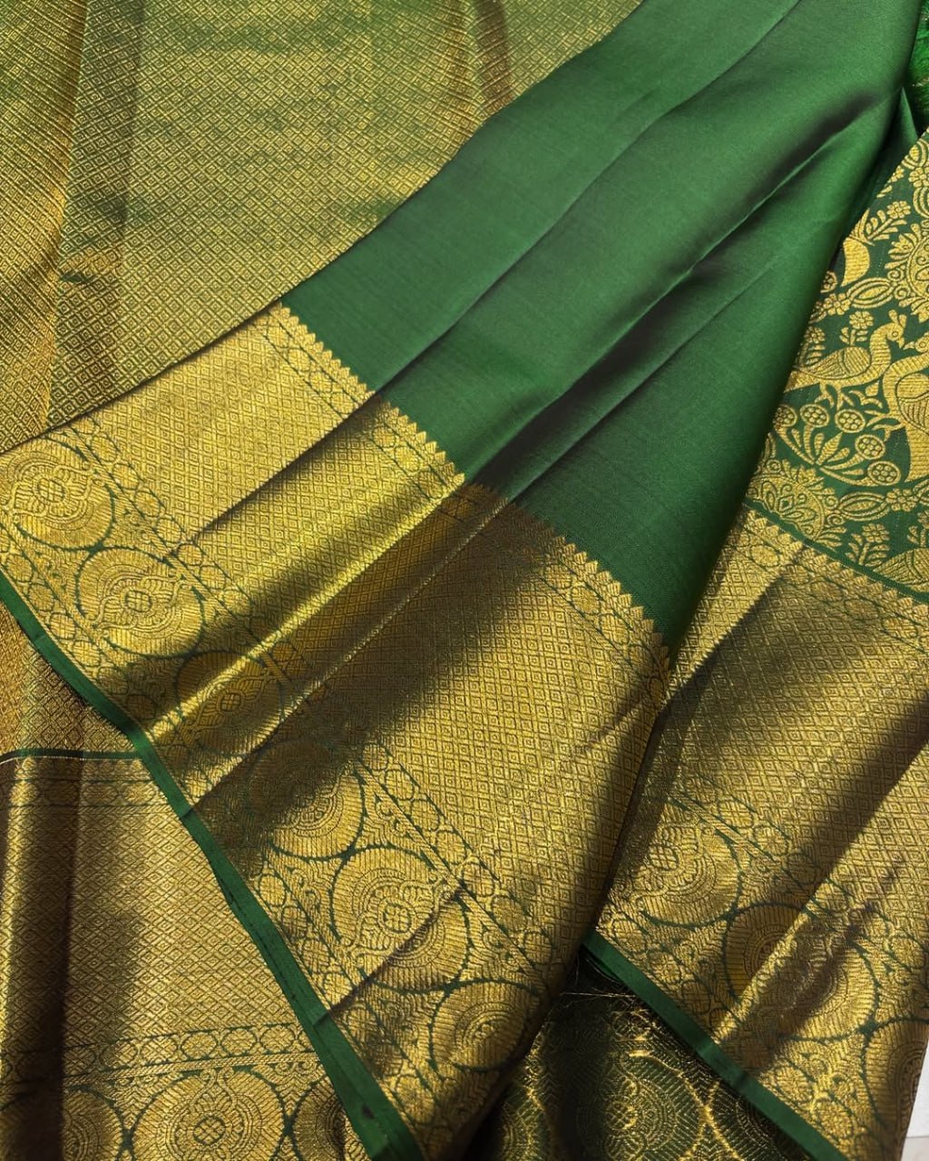 Bottle Green Banarasi Silk Saree with Rich Gold Zari Floral Weaving