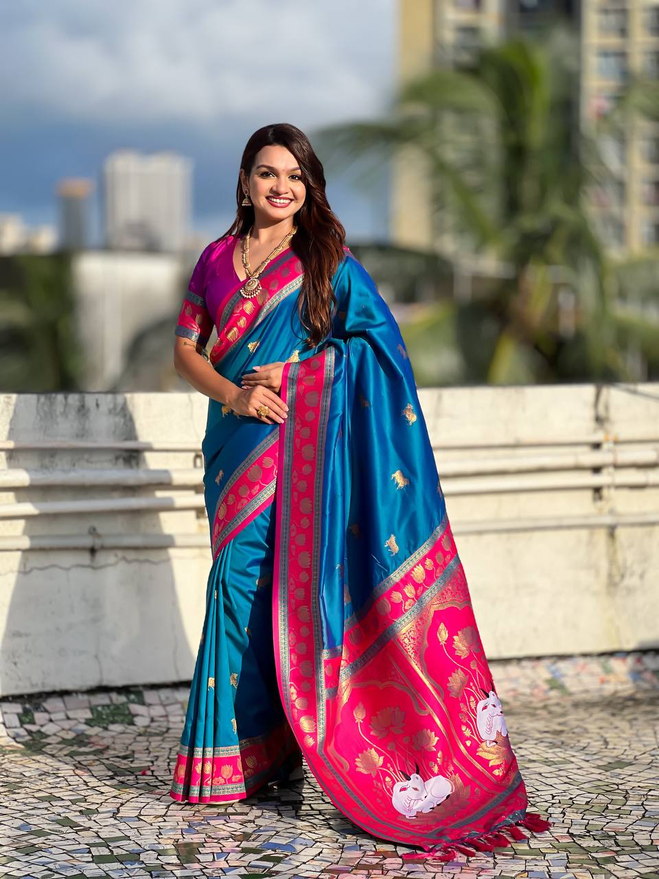icultural Blue & icultural Premium Luxury Silk Saree with Elephant Zari Motifs & Heavy Designer Border