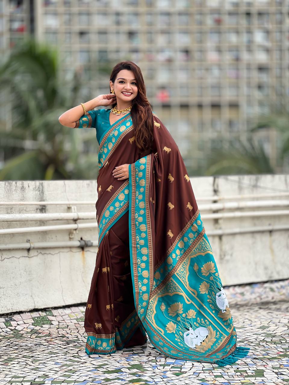 Chocolate Brown & Peacock icultural Premium Luxury Silk Saree with Elephant Zari Motifs & Grand Lotus Border