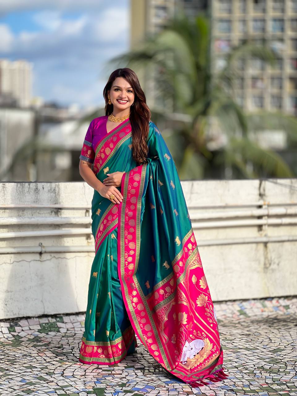icultural Green & Rani Pink Premium Luxury Silk Saree with Elephant Zari Motifs & Grand Lotus Border