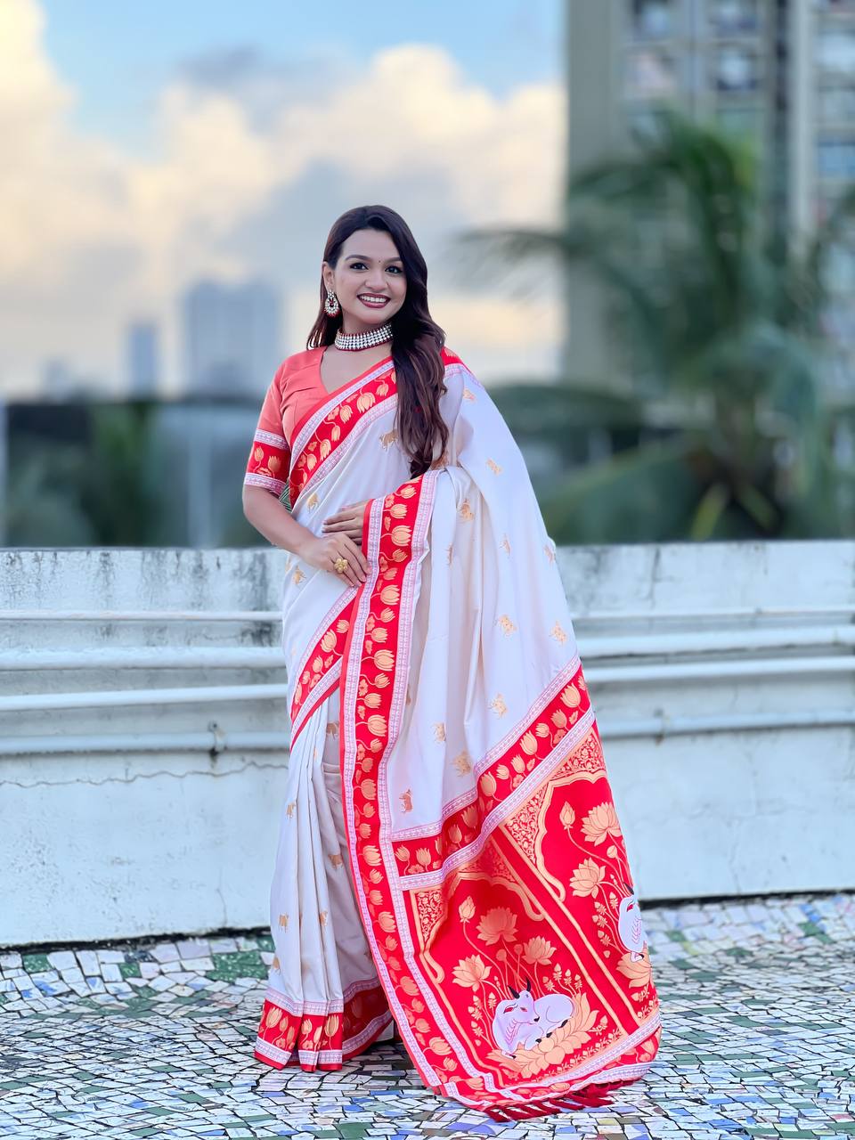icultural White & Crimson Red Premium Luxury Silk Saree with Gold Lotus Zari Border & Royal Pallu