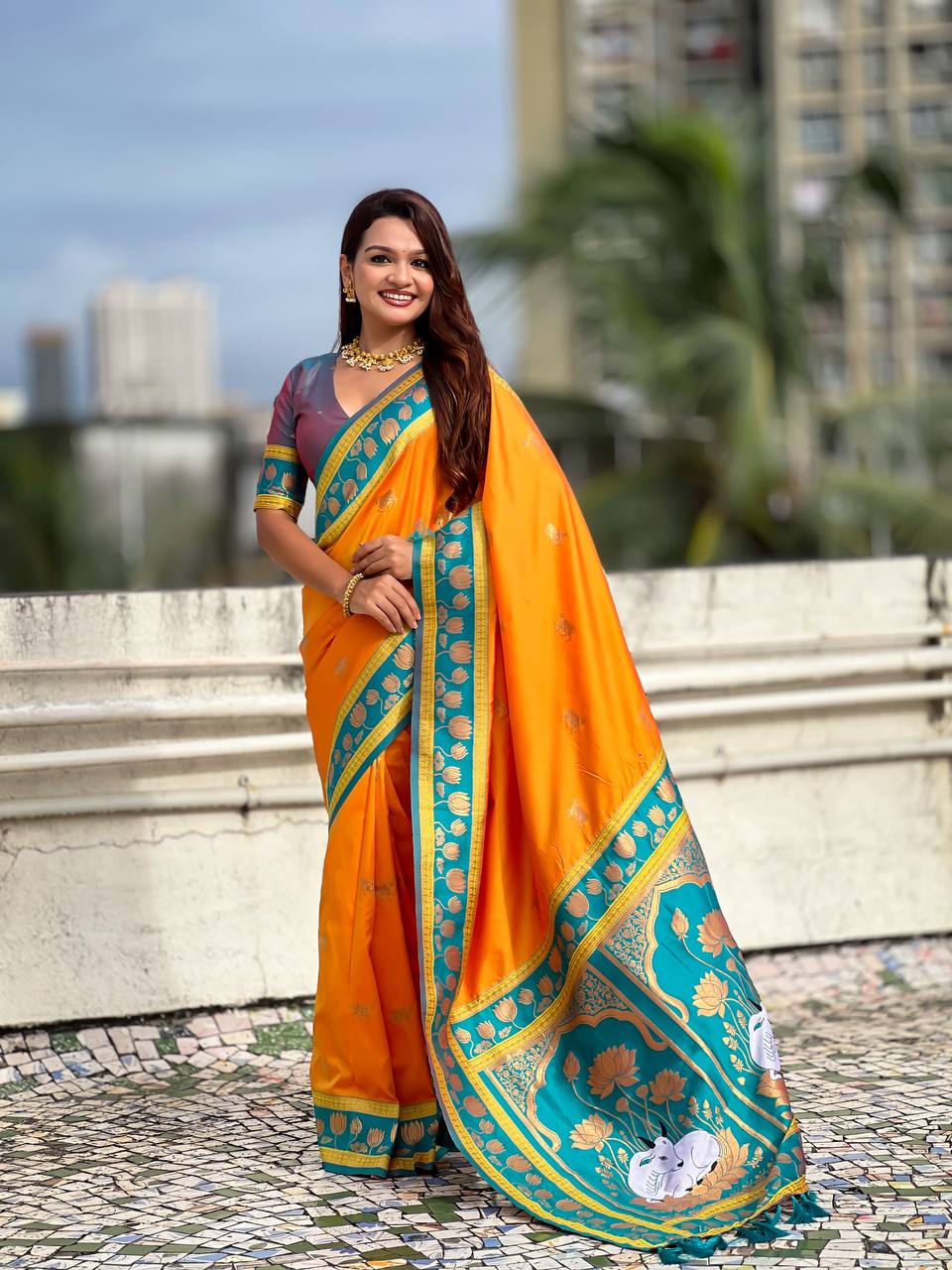 Mustard Gold & icultural Green Premium Luxury Silk Saree with Gold Zari Lotus Border & Royal Pallu