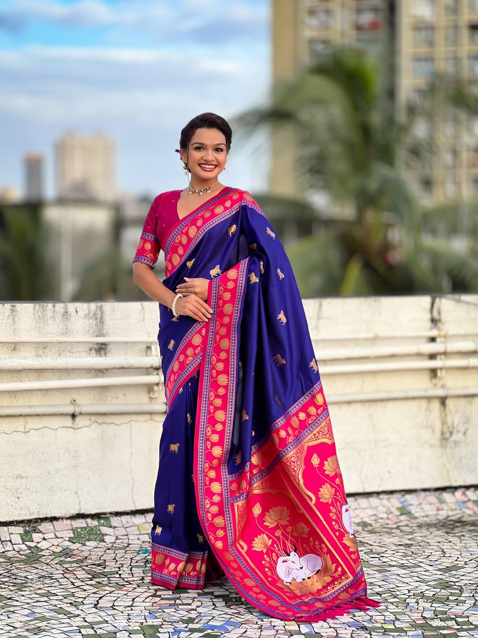 Royal Blue & icultural Premium Luxury Silk Saree with Gold Zari Animal Motifs & Lotus Border