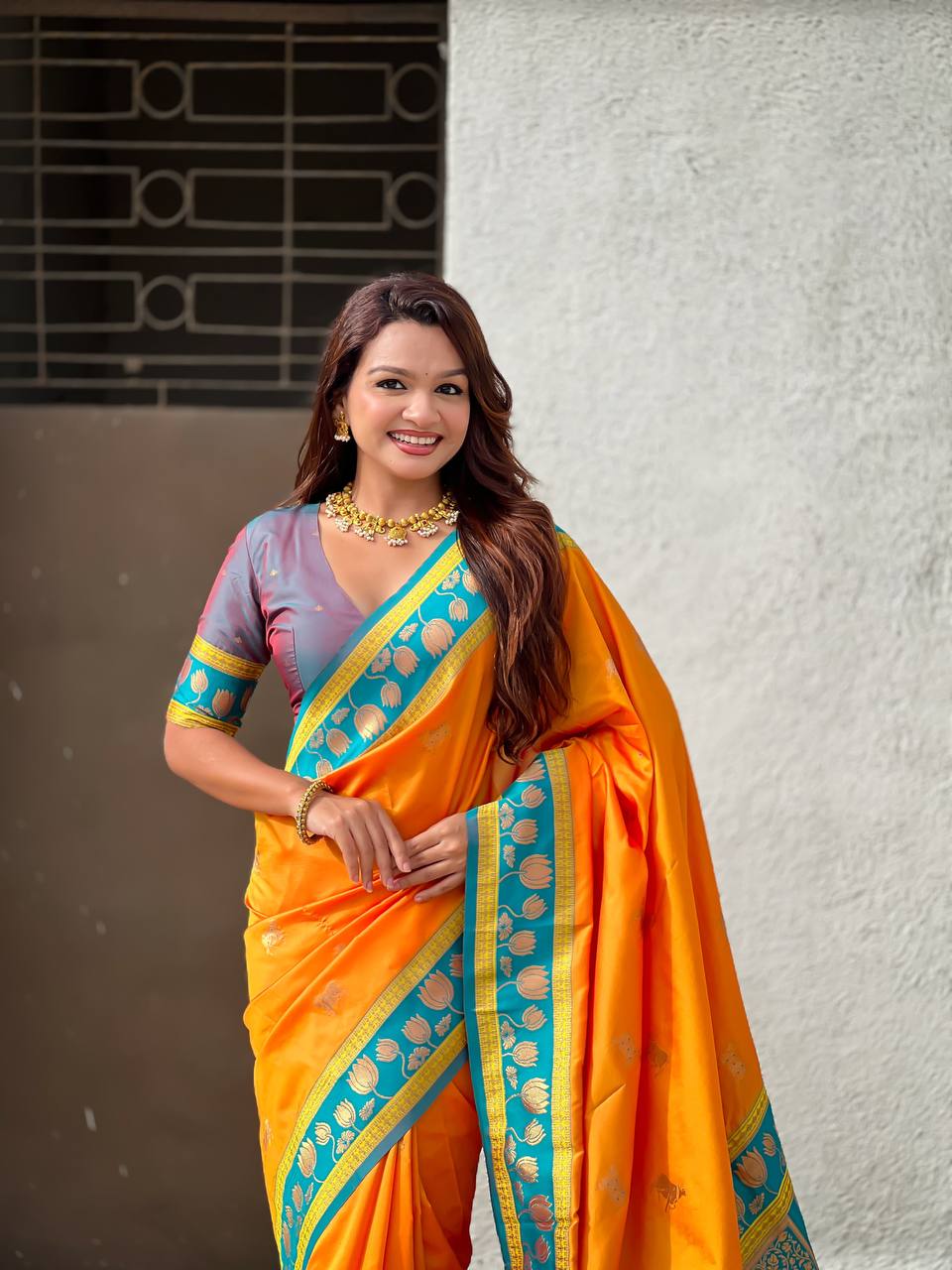 Mustard Gold & icultural Green Premium Luxury Silk Saree with Gold Zari Lotus Border & Royal Pallu