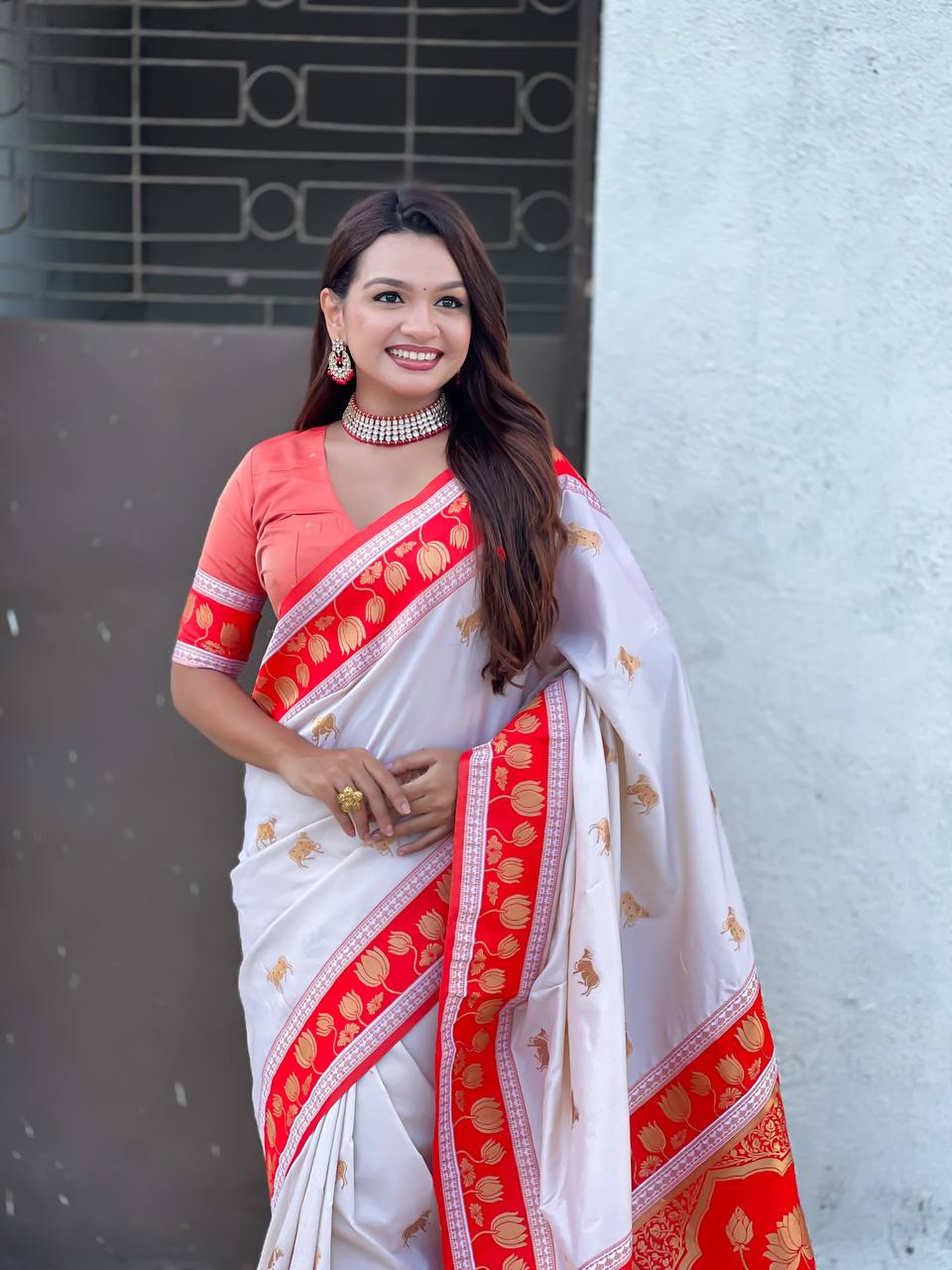 icultural White & Crimson Red Premium Luxury Silk Saree with Gold Lotus Zari Border & Royal Pallu