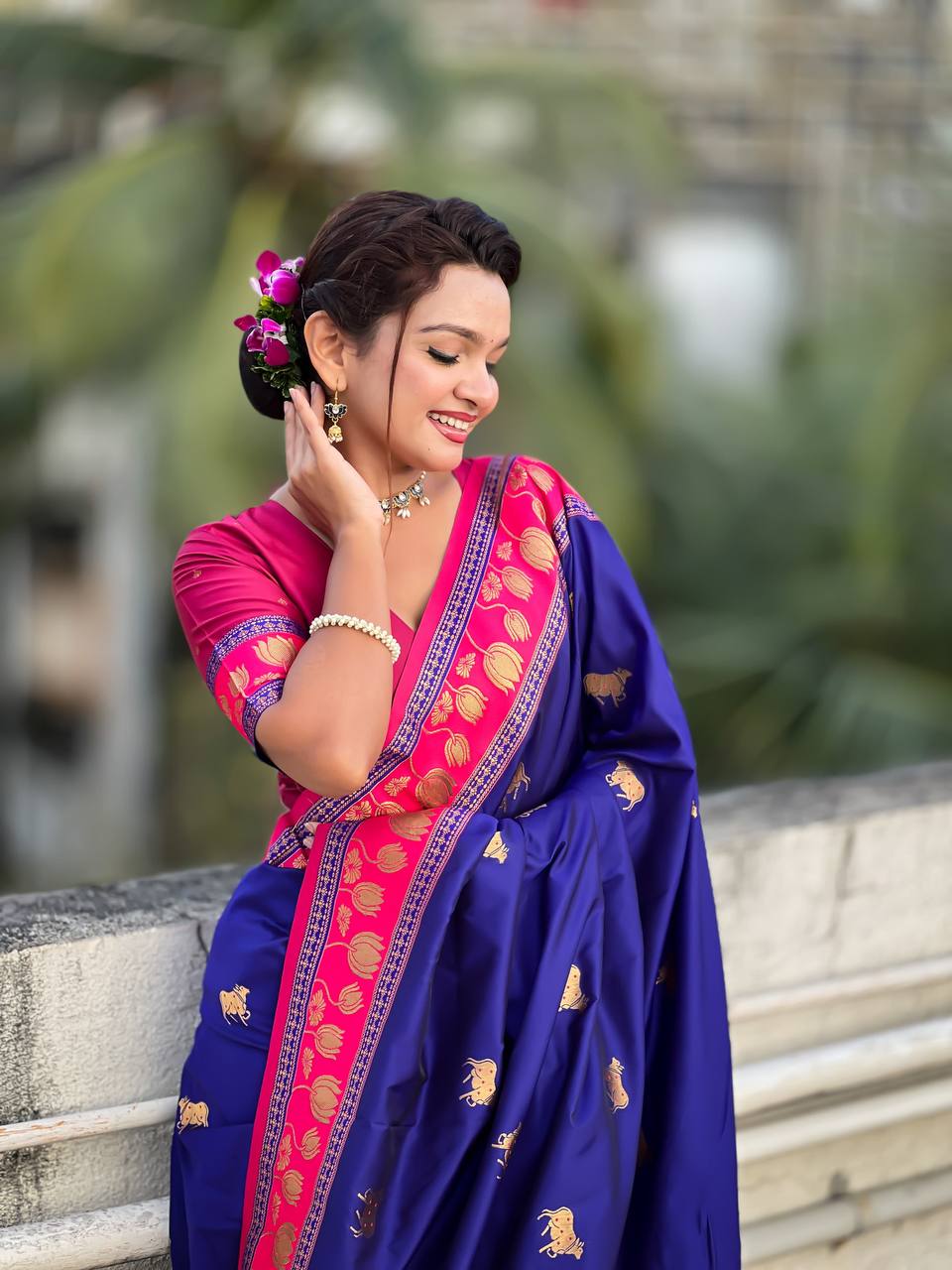 Royal Blue & icultural Premium Luxury Silk Saree with Gold Zari Animal Motifs & Lotus Border